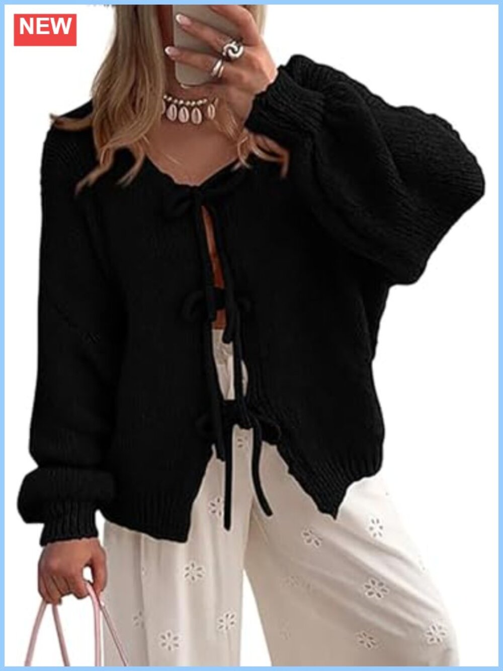 Tie Front Bow Cardigan Oversized Chunky Knit V-Neck Long Sleeve